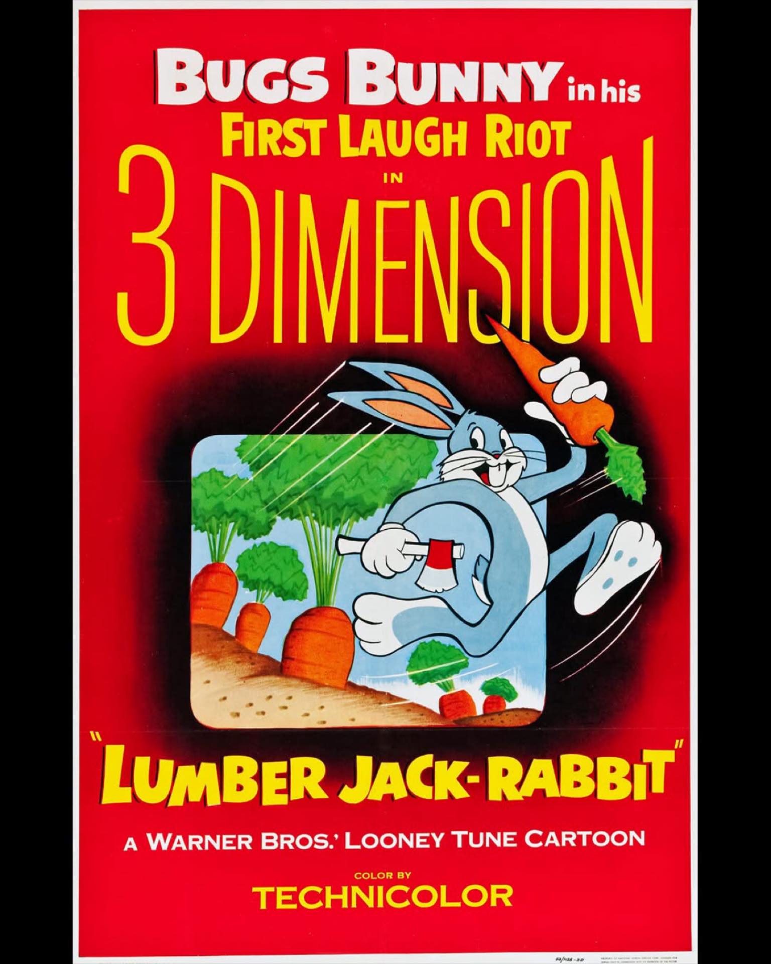 Seventy-two years ago on September 25, 1953, Warner Bros’ only 3-D cartoon LUMBER JACK-RABBIT opened with THE MOONIGHTER and BANDIT ISLAND at the Paramount Theatres in Los Angeles and Hollywood. 

For over thirty years beginning in the 1970’s, Warner Bros theatrical repertory division had several dual-35mm 3-D prints in circulation. This popular Bugs Bunny 3-D cartoon had hundreds of playdates in revival theatres and film festivals around the world.

The original left/right 35mm YCM successive exposure elements survive. To the best of our knowledge, Warner Bros has done archival preservation of the cartoon but they have not yet created a restored digital 3-D master which would allow both 3-D Blu-ray release and DCP availability for theatrical bookings. 

Let’s hope that changes very soon so that we can once again enjoy this essential animated stereoscopic gem as it was meant to be seen!