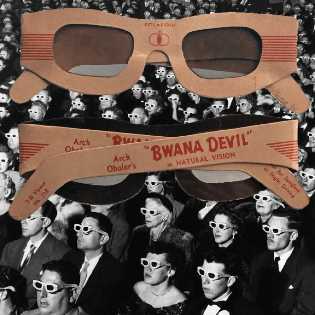 This iconic image was taken at the Hollywood Paramount Theater seventy-three years ago on November 26, 1952; the gala world premiere of Arch Oboler's BWANA DEVIL in Natural Vision 3-D!