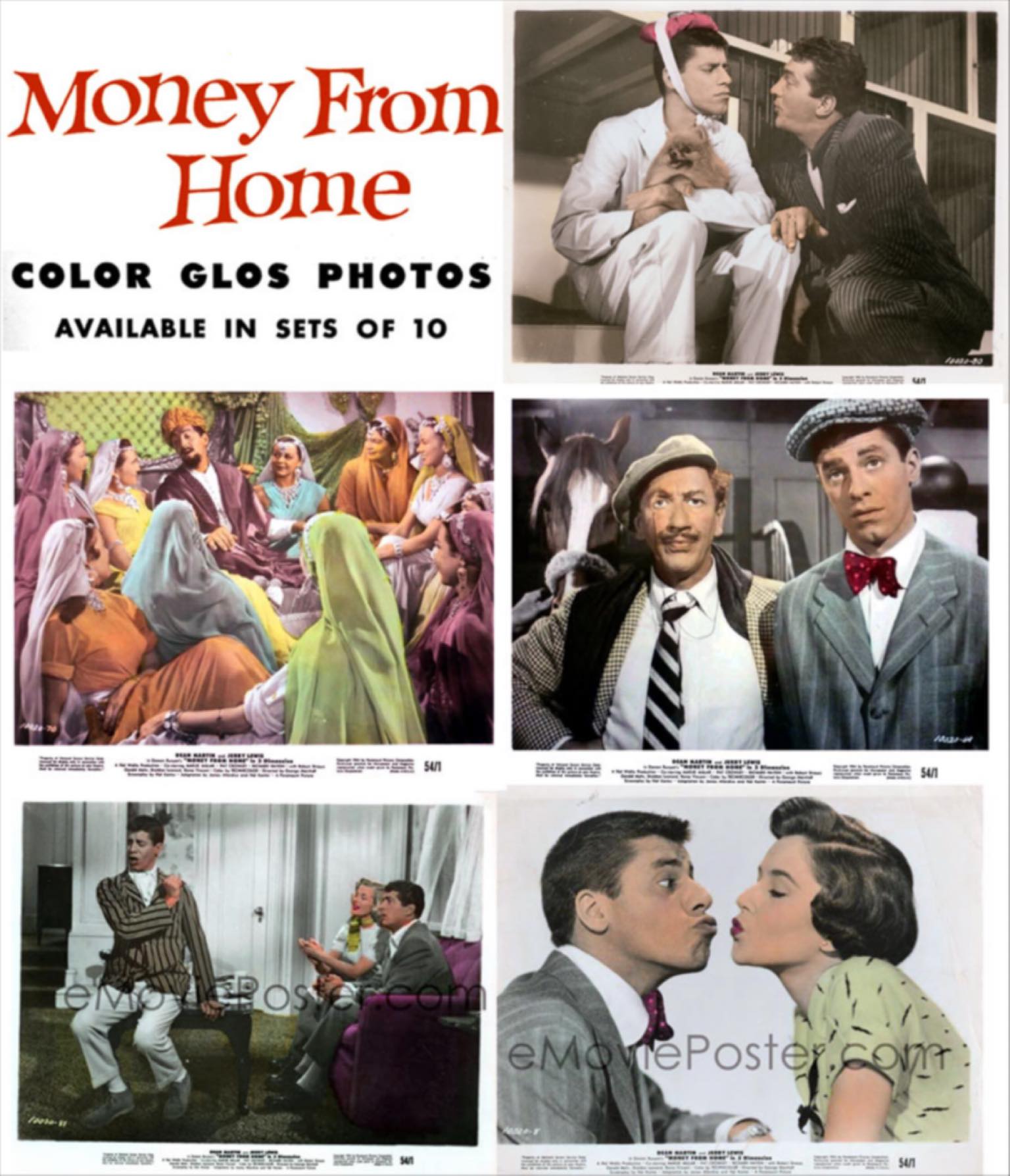 In 1954, Paramount via National Screen Service offered exhibitors a set of ten Color Glos Photos on MONEY FROM HOME. These unique promotional stills were created using stencils with Marshall Oil Colors.￼ We have five from the set and are looking for the remaining five. Have you ever seen them?