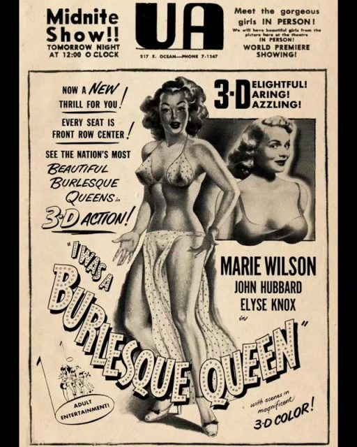 Seventy-two years ago, on December 12, 1953, Sid Pink’s partial 3-D feature I WAS A BURLESQUE QUEEN had its world premiere showing at the 1,242 seat UA Theatre in Long Beach, CA. 

The 3-D sequence that ended the film was photographed at the Carthay Circle Theatre in dual-35mm with the Howard Anderson camera rig and printed in single-strip anaglyphic 3-D. According to contemporary newspaper reviews, the new footage consisted of “a line of burlesque gals… tossing garters at the audience.”

This feature had an extremely limited theatrical release and the 3-D footage is now lost. If you have ever come across a 35mm print of this feature with the stereoscopic finale, please let us know!